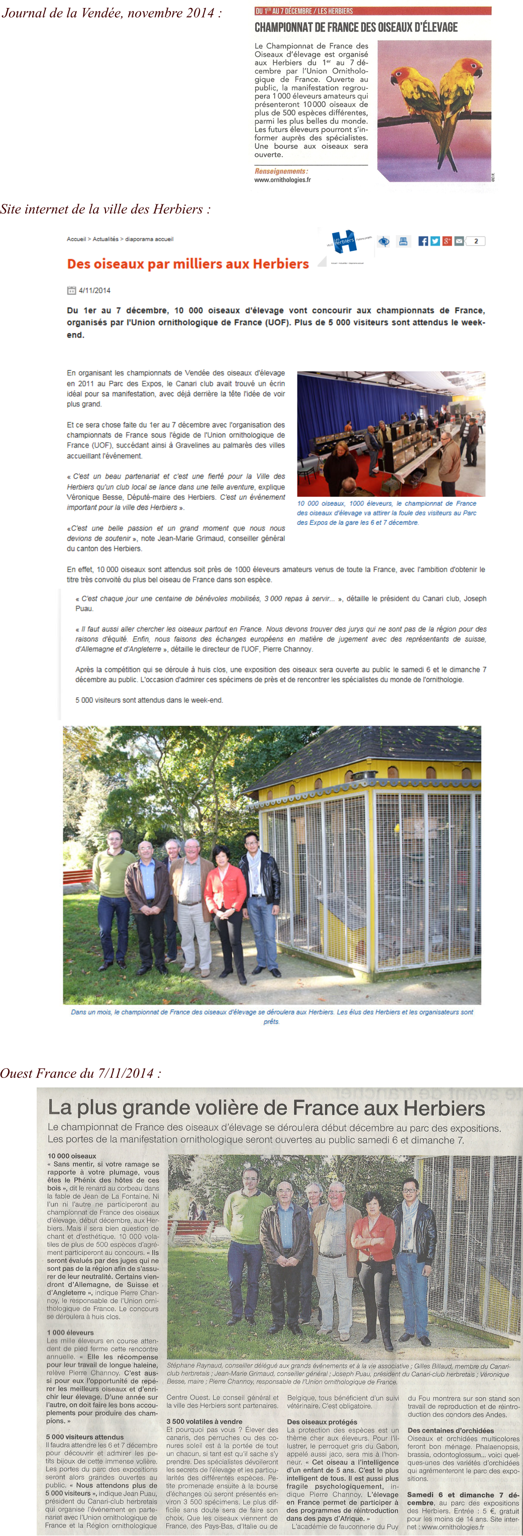 Site internet de la ville des Herbiers : Ouest France du 7/11/2014 :  Journal de la Vendée, novembre 2014 :
